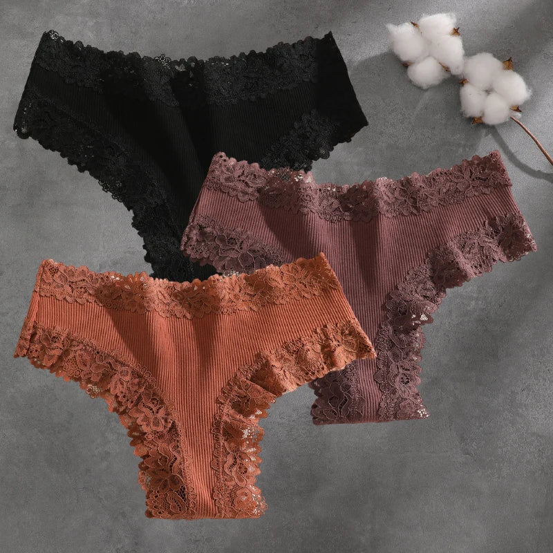 3Pcs Cotton Lace Patchwork Bikini Panties Women Seamless Floral Print Brazilian Pants Low Waist Breathable Female Sexy Lingerie Khamik Shop Online