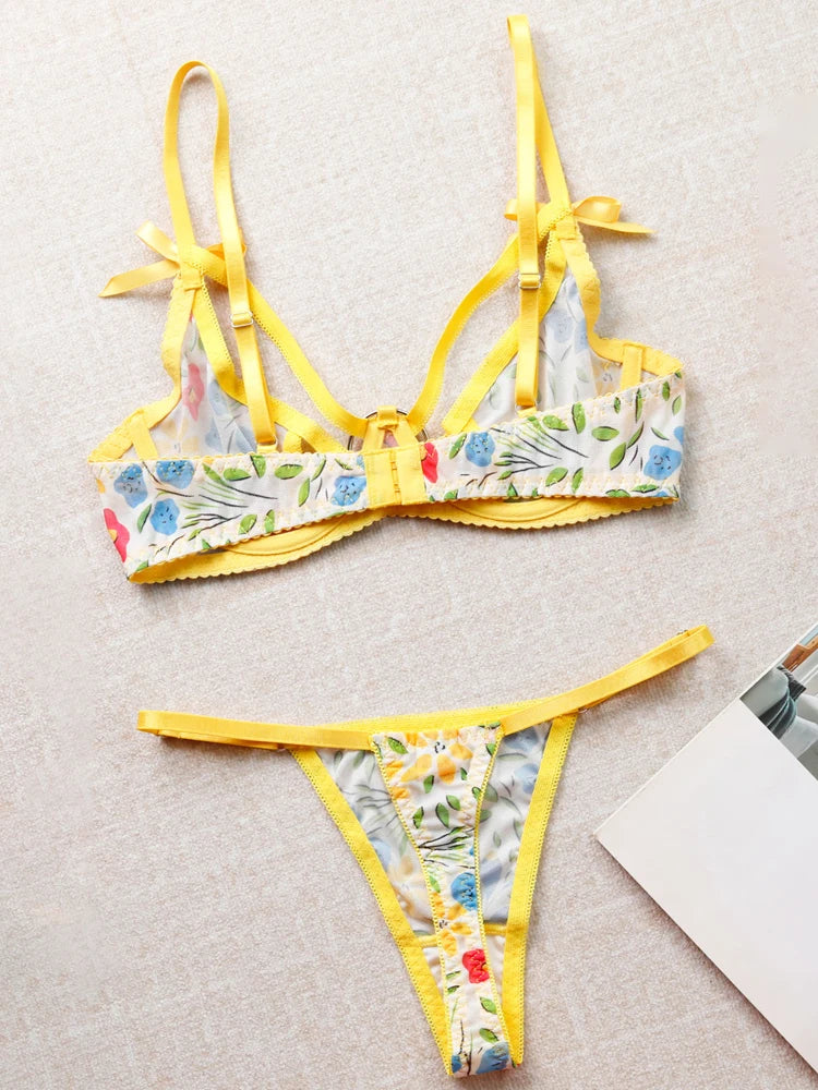 Women Bra and Briefs Sets Lace Flower Embroidery Sexy Perspective Underwire Erotic Lingerie Panty Two-Piece Underwear Set Khamik Shop Online