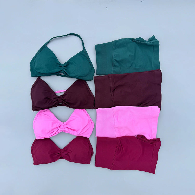 AURA SHARK Strappy Bra Gym Set Women High Support Thin Strap Seamless Halter Sports Scrunch Workout Yoga Set 2 Piece Khamik Shop Online