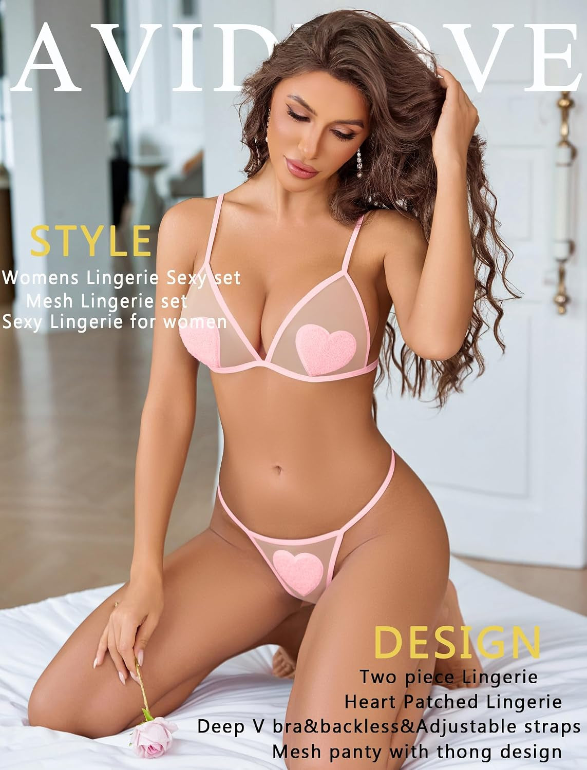 Sexy Lingerie Set for Women 2 Piece Heart Mesh Sheer Bra and Thong Set Deep V Cute Lingerie S-XXL
