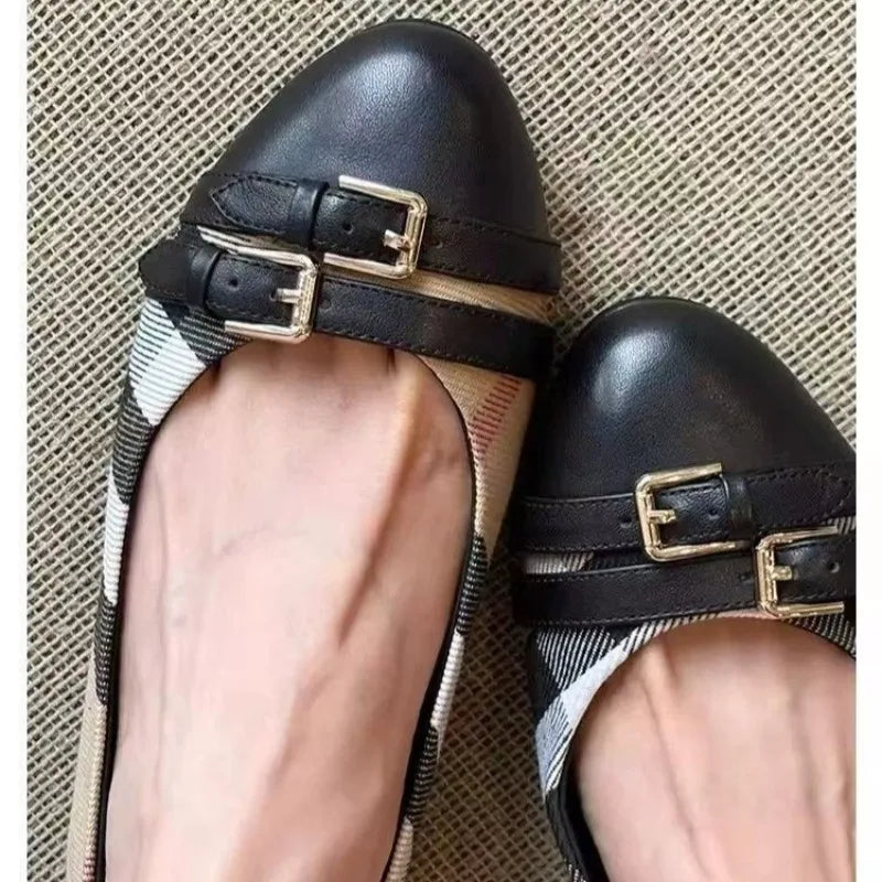 Fashion French Retro Style 2026 Single Shoes New Spring and Summer Spliced Belt Buckle Shallow Mouth Round Toe Flat Shoes Khamik Shop Online