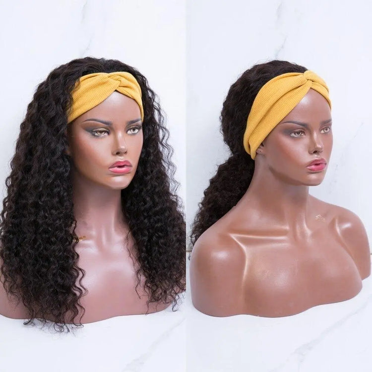Headband Wig Deep Wave Human Hair Scarf Wig No GLUE Easy Wear Cerise Alfie