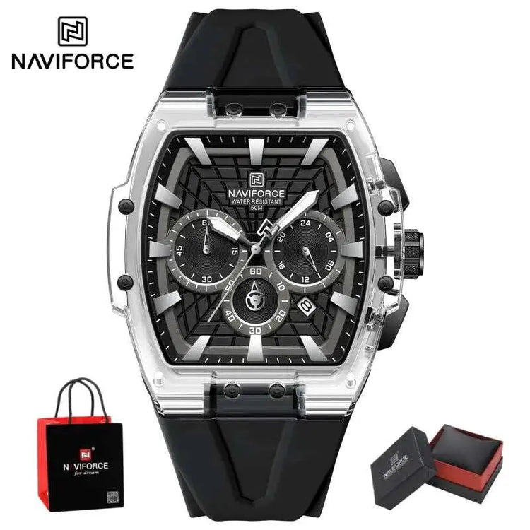 NAVIFORCE Mens Sport Watches 5ATM Waterproof Chronograph Tonneau Silicone Strap Luminous Casual Quartz Male Wristwatch Gifts box Khamik Shop Online