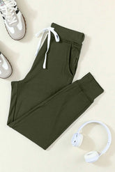 Moss Green Drawstring Waist Pocketed Joggers Carmine Juneberry