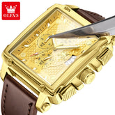 OLEVS brand mens watches waterproof Leather strap chronograph quartz watch for man date gold square dial genuine male wristwatch Khamik Shop Online
