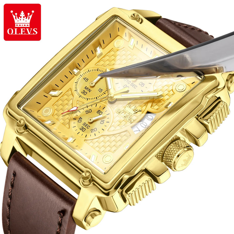OLEVS brand mens watches waterproof Leather strap chronograph quartz watch for man date gold square dial genuine male wristwatch Khamik Shop Online