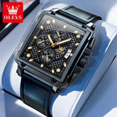 OLEVS brand mens watches waterproof Leather strap chronograph quartz watch for man date gold square dial genuine male wristwatch Khamik Shop Online