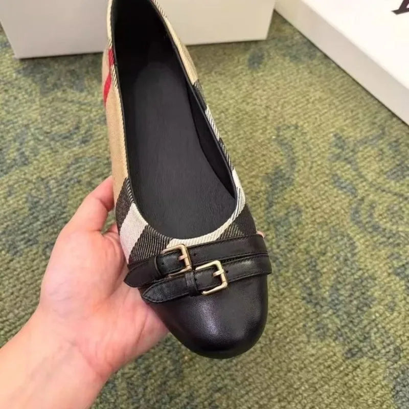 Fashion French Retro Style 2026 Single Shoes New Spring and Summer Spliced Belt Buckle Shallow Mouth Round Toe Flat Shoes Khamik Shop Online