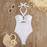 Women Swimsuit Halter Neck Solid Swimsuit Backless Waist Cinching Bathing Suit Ruched Bust High Cut Swimwear Black Woman Khamik Shop Online