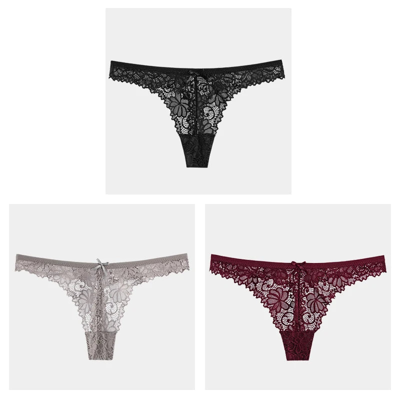 3Pcs/Lot Sexy Lace Thong Low Waist Lace Transparent Panties Women Hollow Out Breathable G String Briefs Bow Underwear Lingerie