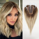 Brown Mixed Blonde Human Hair Toppers Middle Part 100% Remy Human Hair Straight Lace Base Clip in Hairpieces for Women Loss Hair Khamik Shop Online
