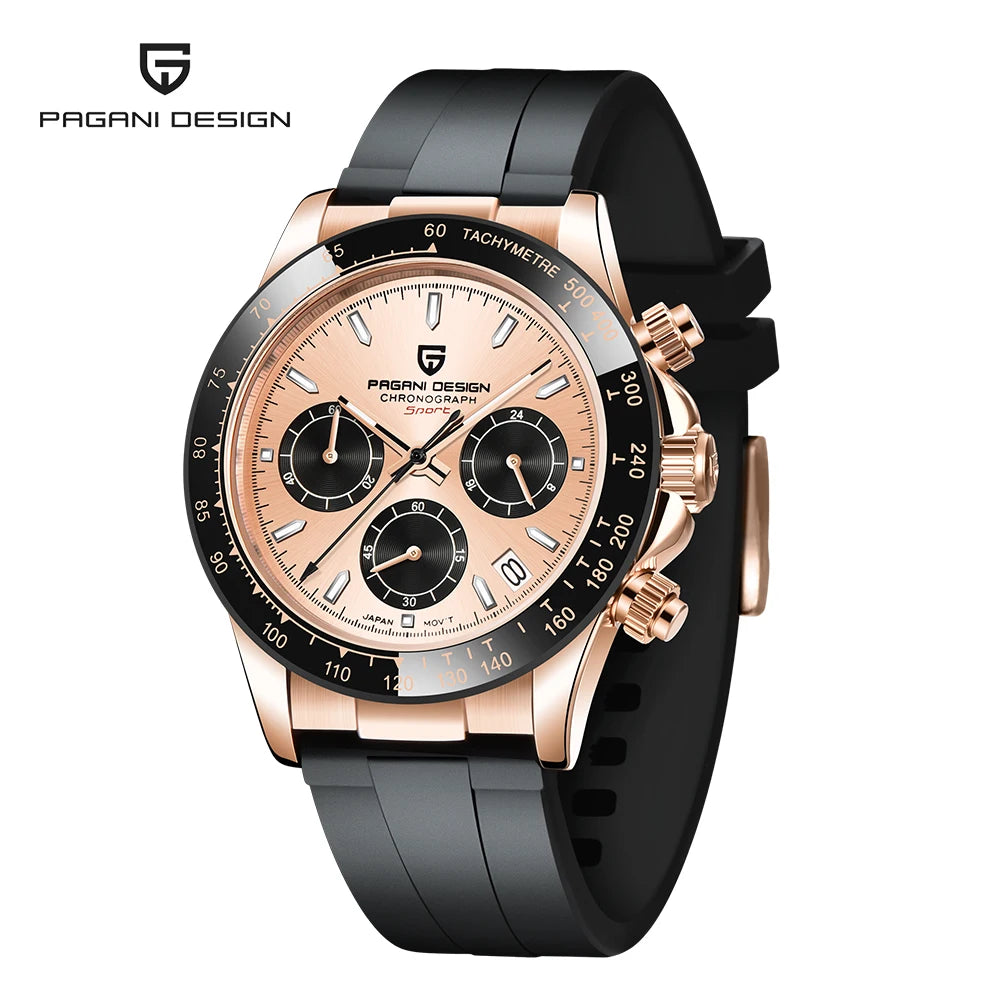 PAGANI DESIGN Men Quartz Chronograph Watch RoseGold Case Black Ceramic Bezel Brown Dial Rubber Strap Waterproof Sports watch+box Khamik Shop Online