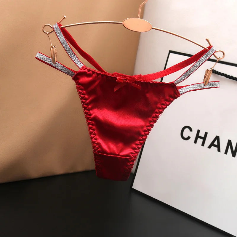 Sexy Silk Satin Thongs Hollow Out Fashion Solid Color Panties Cotton Crotch Low Waist Breathable Pure Color Women&