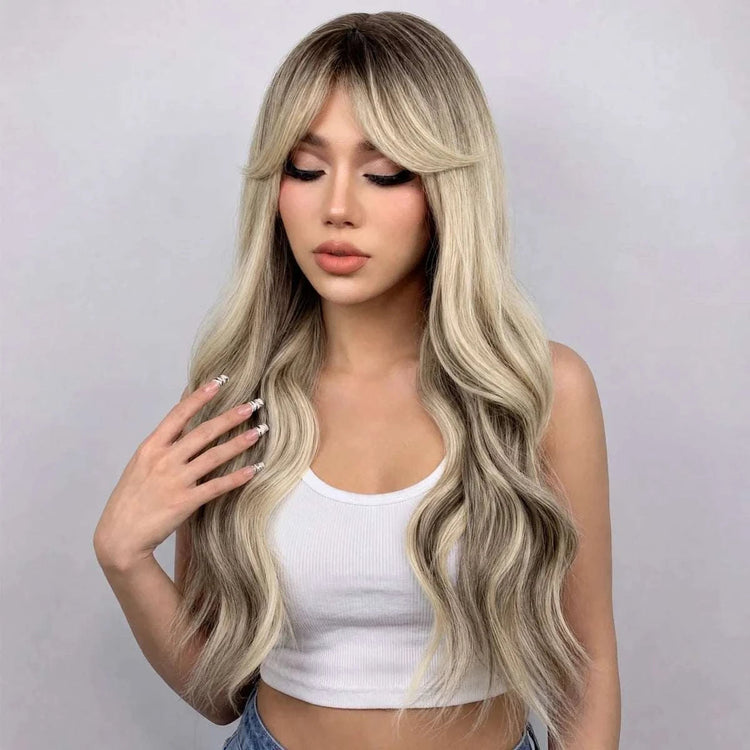 REEWES Ombre Blonde Long Black Wavy Synthetic Wig With Bang Daily Wear Anime Cosplay Khamik Shop Online