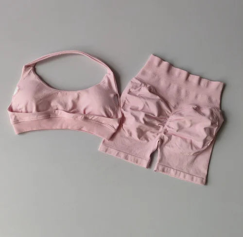 Sexy Halter Neck Beautiful Back High Waist Peach Sports Bras Shorts Suit Pilates Gathering Yoga Vest Training Fitness Bra Sets Khamik Shop Online