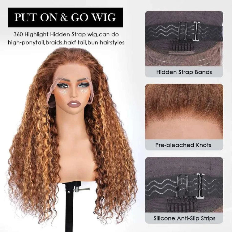 Highlight Ombre Hidden Strap 360 Drawstring Wigs Human Hair Pre Plucked Pre Bleached 260 Density Deep Wave Full Lace Frontal Wig Khamik Shop Online