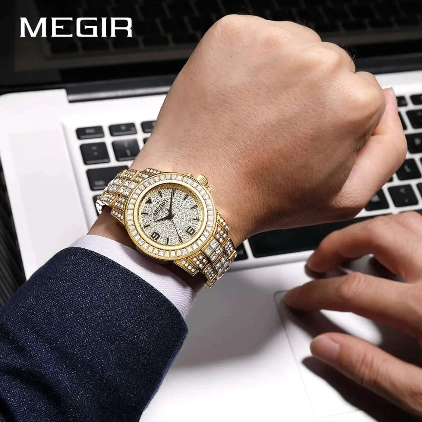 MEGIR Luxury Diamond Watches Unisex Fashion Analog Quartz Watch Bracelet Wristwatch Men Rhinestone Strap Relogios Masculino Khamik Shop Online