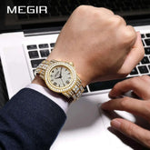 MEGIR Luxury Diamond Watches Unisex Fashion Analog Quartz Watch Bracelet Wristwatch Men Rhinestone Strap Relogios Masculino Khamik Shop Online
