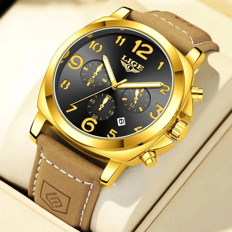 LIGE Casual Outdoor Quartz Man Watch Fashion Sport Waterproof Luminous Auto Date Leather Strap Wristwatch for Men Male Gifts Box Khamik Shop Online