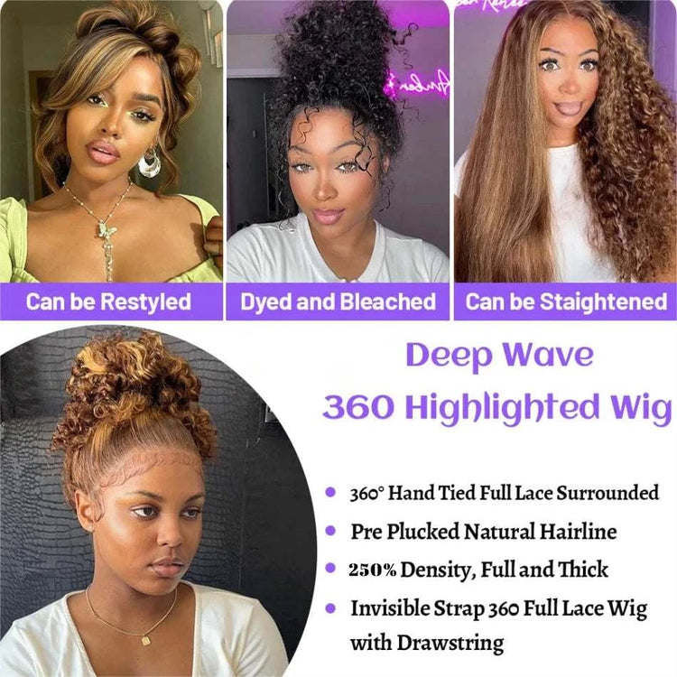 Highlight Ombre Hidden Strap 360 Drawstring Wigs Human Hair Pre Plucked Pre Bleached 260 Density Deep Wave Full Lace Frontal Wig Khamik Shop Online