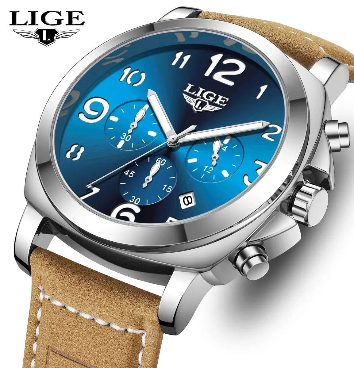 LIGE Casual Outdoor Quartz Man Watch Fashion Sport Waterproof Luminous Auto Date Leather Strap Wristwatch for Men Male Gifts Box Khamik Shop Online