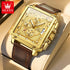 OLEVS brand mens watches waterproof Leather strap chronograph quartz watch for man date gold square dial genuine male wristwatch Khamik Shop Online