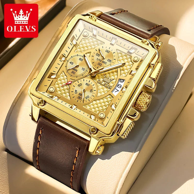 OLEVS brand mens watches waterproof Leather strap chronograph quartz watch for man date gold square dial genuine male wristwatch Khamik Shop Online