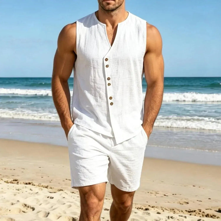 Men Simple Solid Linen Sleeveless Vest Shirt Shorts Set Summer Beach Casual Outfit Khamik Shop Online