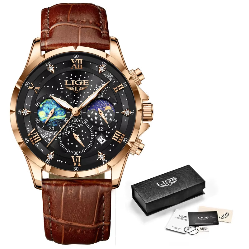New  Mens Watch Luxury Moon Phase Waterproof Date Clock Casual Blue Leather Quartz Wristwatches Men Chronograph Reloj Hombre