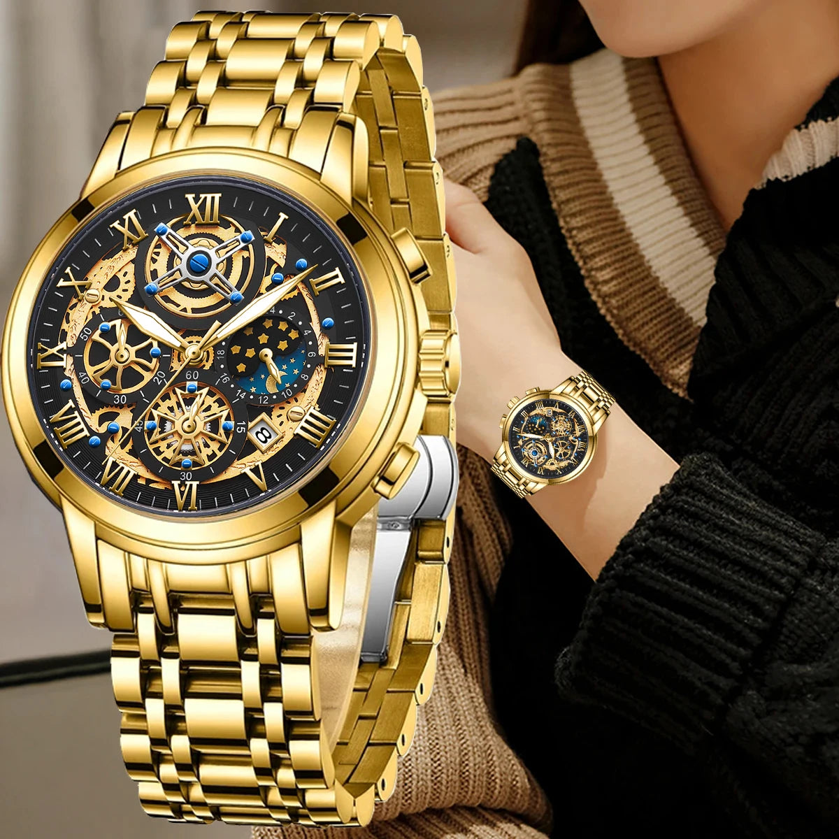 2024 New Fashion Gold Women Watch Top Brand Luxury Waterproof Watches for Women Sport Quartz Chronograph Relogio Feminino