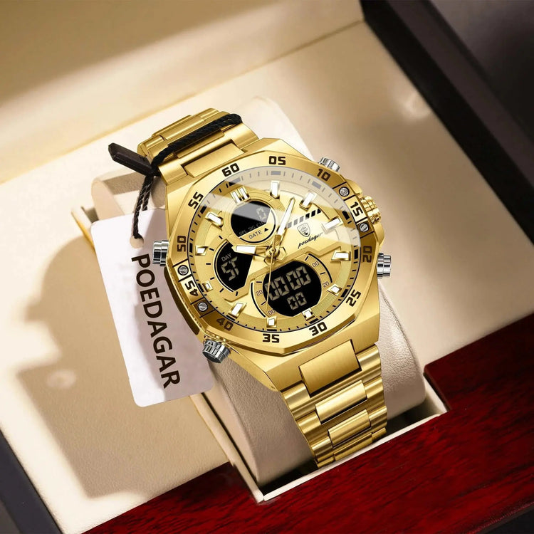 POEDAGAR Sport Men Watch LED Waterproof Week Date Digital Wristwatch Stainless Steel Quartz Military Men&