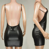 Sexy Faux Leather Dress Backless Club Party Short Dress Solid Black Wet Look Latex Bodycon Push Up Bra Mini Micro Dress Khamik Shop Online