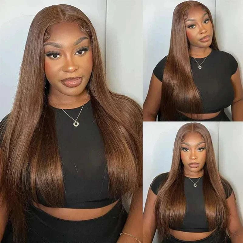 Perruque lace front en cheveux humains lisses chocolat brun 34 pouces densité 220% avec dentelle HD transparente 13x6