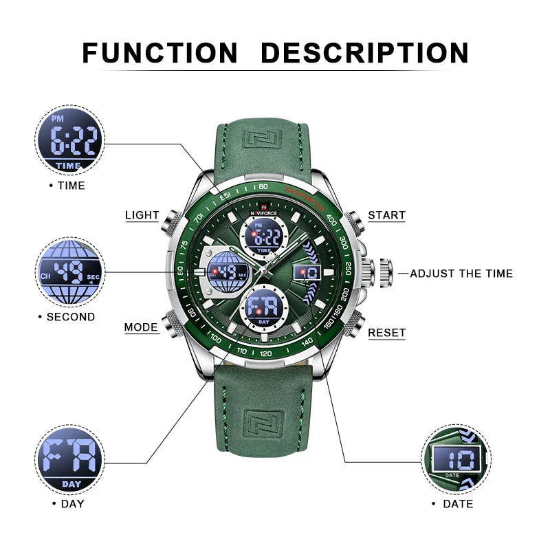 2022  Sport Watches for Men Strong Luminous Dual Display Waterproof Quartz Genuine Leather Wristwatch Relogio Masculino
