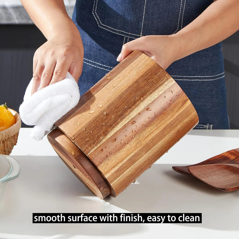 Acacia Wood Utensil Holder for Kitchen Counter, 360° Rotating 7.2" Wooden Cooking Utensil Crock for Countertop Farmhouse Kitchen Khamik Shop Online