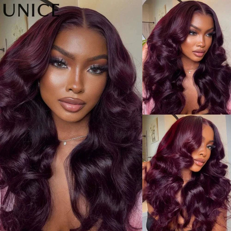 UNice 7x5 & 13x4 Lace Purple Black Cherry Loose Wave Wig With Face-Framing Layers Pull & Go Drawstring Glueless Human Hair Wig Khamik Shop Online