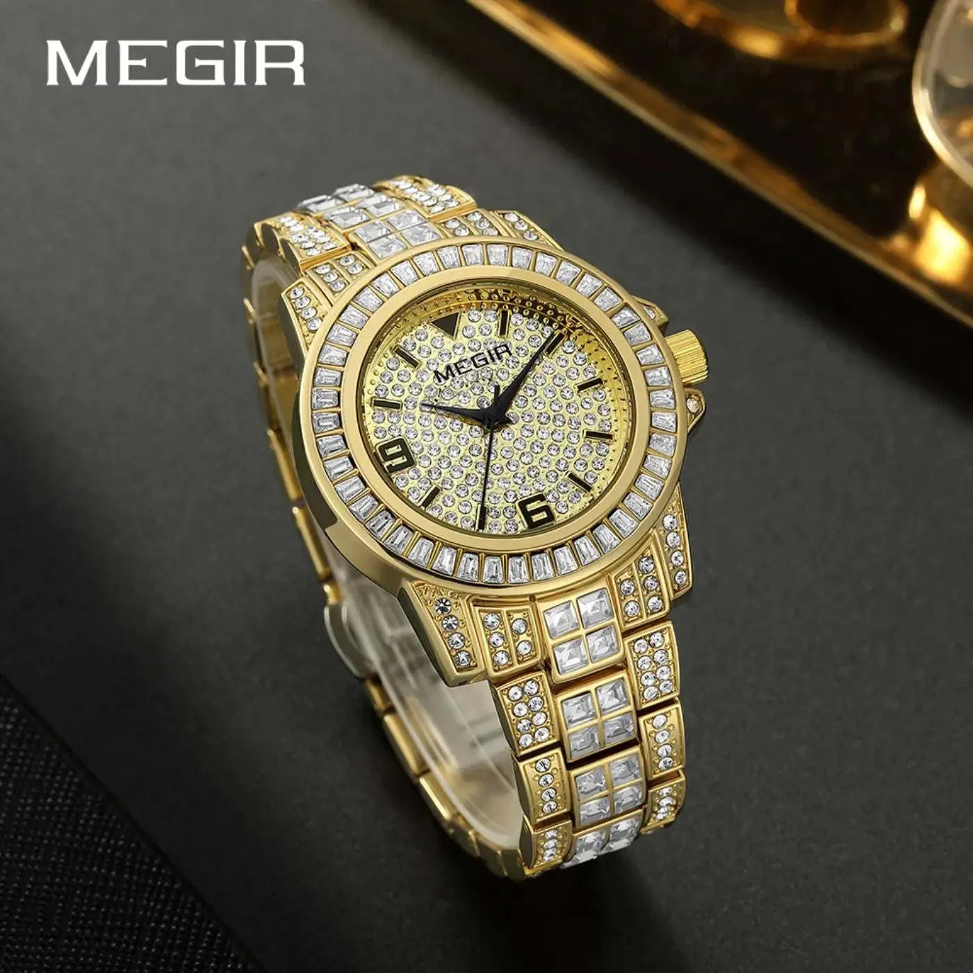 MEGIR Luxury Diamond Watches Unisex Fashion Analog Quartz Watch Bracelet Wristwatch Men Rhinestone Strap Relogios Masculino Khamik Shop Online