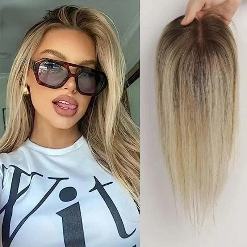 12 Inch Light Brown Ombre Middle Part Lace Front Topper 100% Remy Human Hair Topper Hair Pieces with Clips Extensions for Women Khamik Shop Online