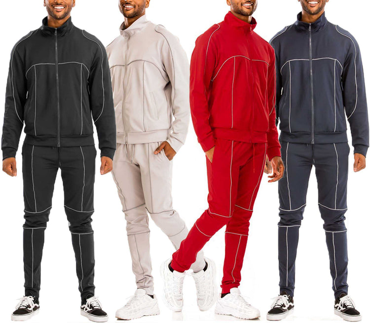 Modèle 1m80 en tenue 3M Reflective Pipe Track Set avec détails réfléchissants et taille élastique.