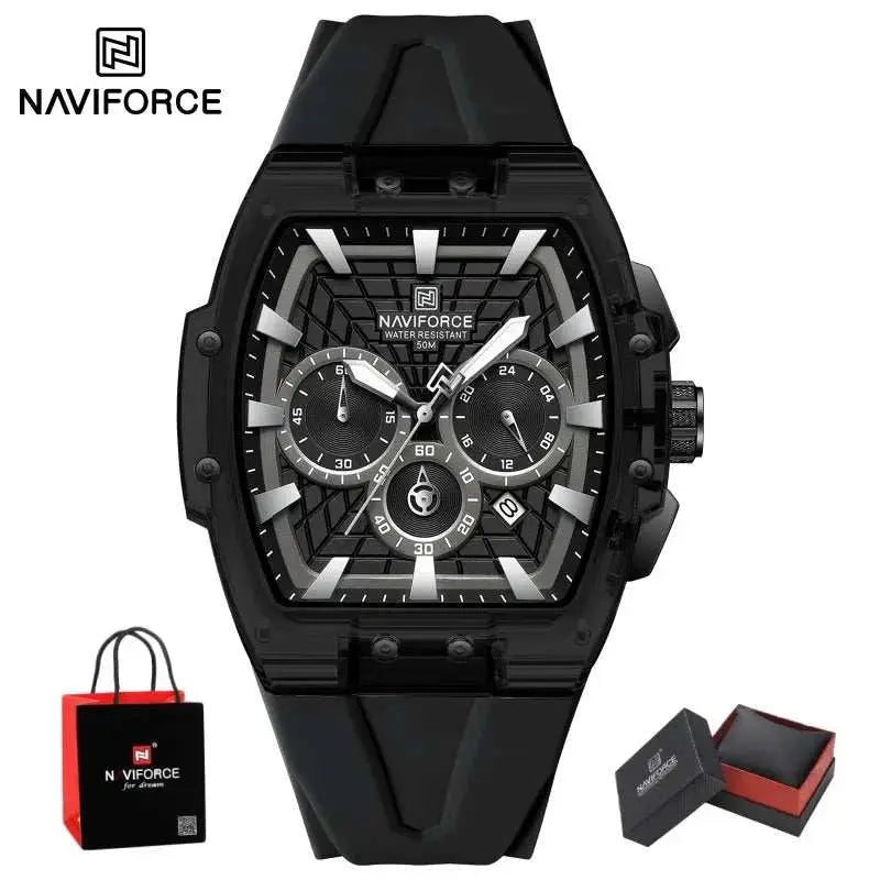 NAVIFORCE Mens Sport Watches 5ATM Waterproof Chronograph Tonneau Silicone Strap Luminous Casual Quartz Male Wristwatch Gifts box Khamik Shop Online