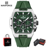 NAVIFORCE Mens Sport Watches 5ATM Waterproof Chronograph Tonneau Silicone Strap Luminous Casual Quartz Male Wristwatch Gifts box Khamik Shop Online