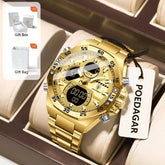 POEDAGAR Sport Men Watch LED Waterproof Week Date Digital Wristwatch Stainless Steel Quartz Military Men&