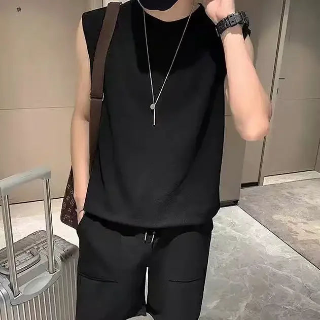Men Patch Pocket Sleeveless Tank Top Loose Ice Silk Shorts Set Trendy Casual Summer Two Piece Outfit Khamik Shop Online
