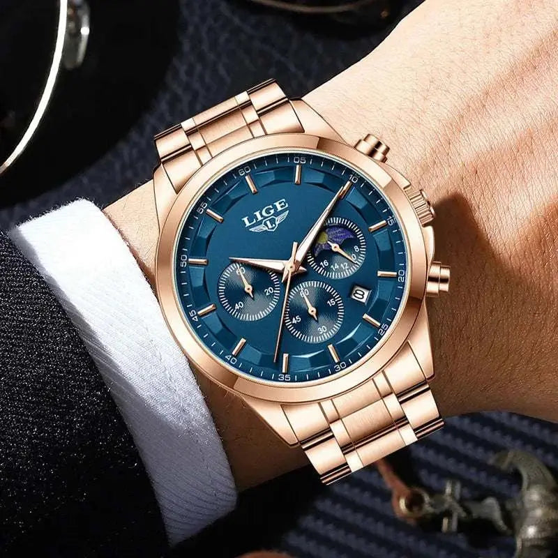 LIGE Luxury Fashion Quartz Man Watch Classic Business Auto Date Gentlemen Steel Band Moon Phase Waterproof Watches for Men Male Khamik Shop Online