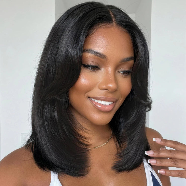 UNice Layered Cut Straight Bob Wig With Curtain Bang No-Slip 7x5 Lace Pre Cut Pre Bleached Glueless Wig Human Hair Ready To Wear Khamik Shop Online