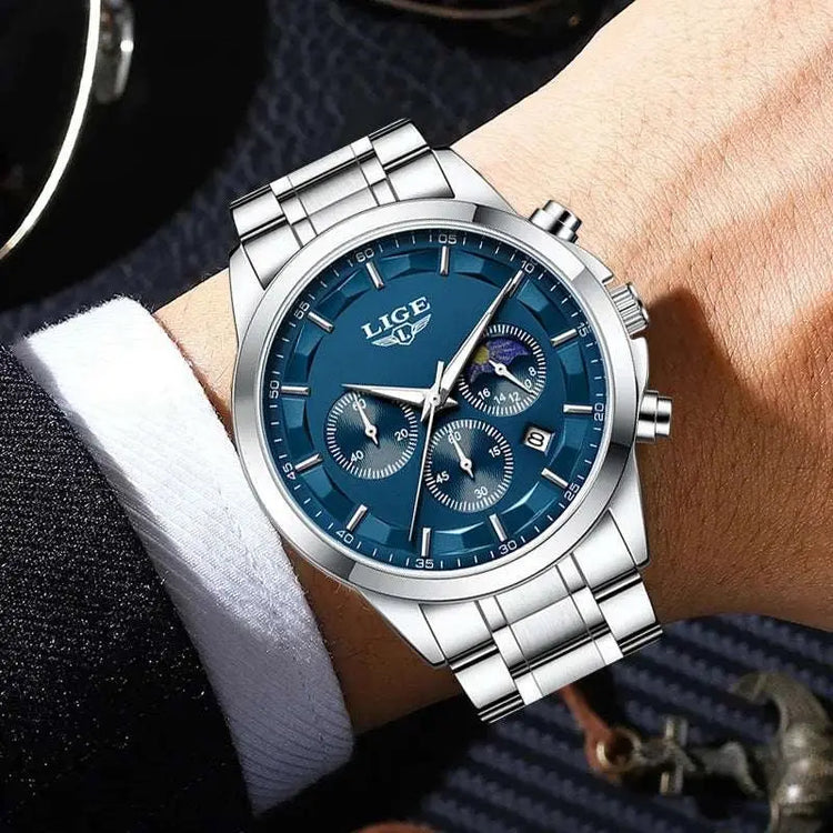 LIGE Luxury Fashion Quartz Man Watch Classic Business Auto Date Gentlemen Steel Band Moon Phase Waterproof Watches for Men Male Khamik Shop Online