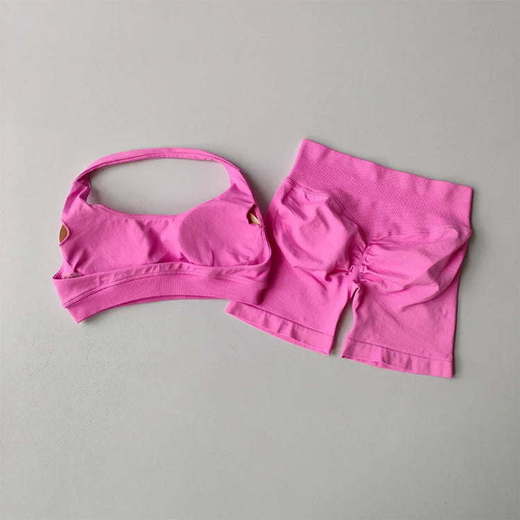 Sexy Halter Neck Beautiful Back High Waist Peach Sports Bras Shorts Suit Pilates Gathering Yoga Vest Training Fitness Bra Sets Khamik Shop Online