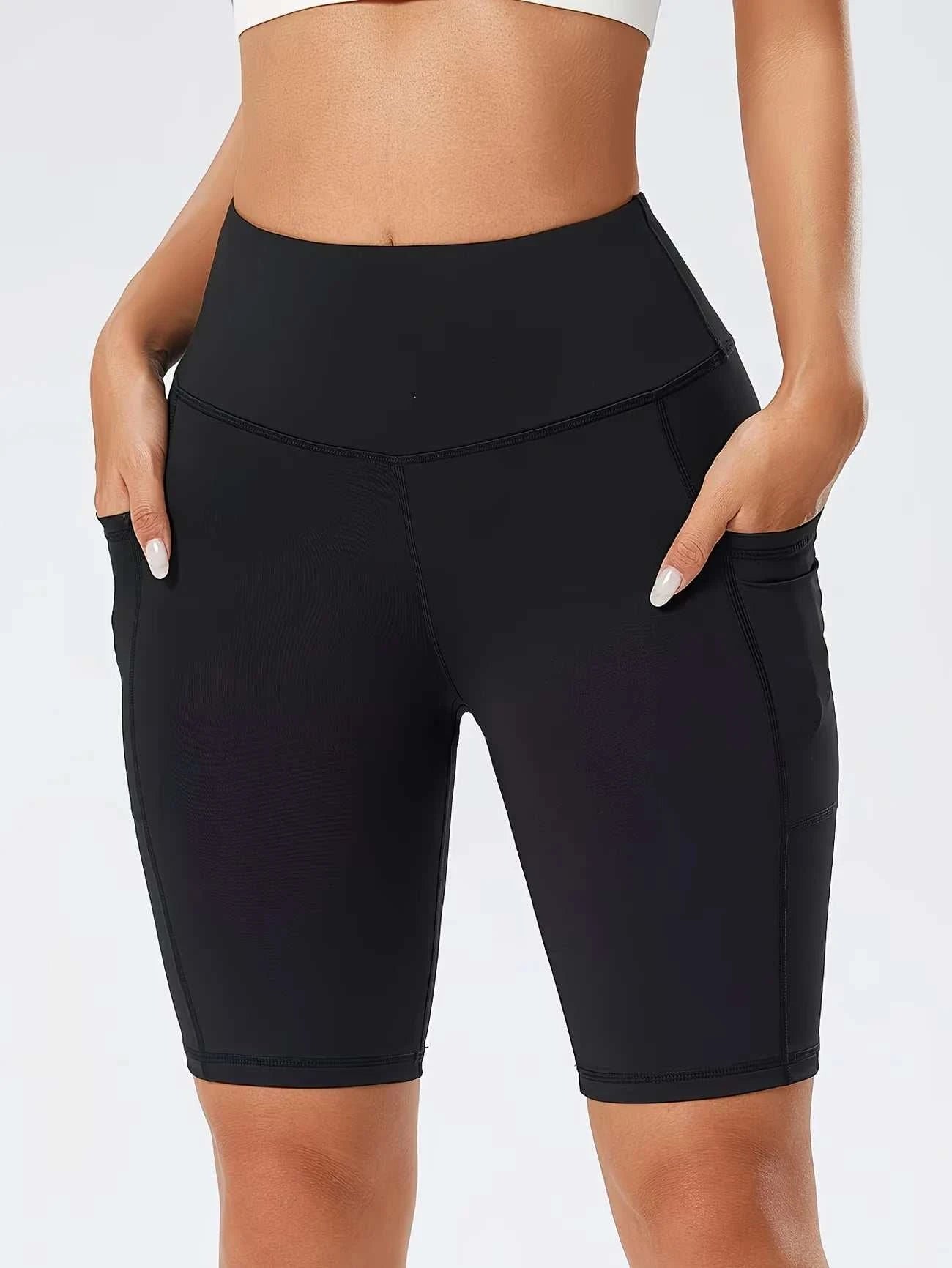 Summer High Waist Sports Shorts With Side Pockets Running Yoga Capris Trousers Fashion Sports Fitness Pants Elastic Leggings Khamik Shop Online