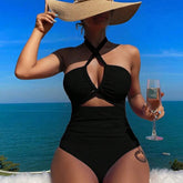Women Swimsuit Halter Neck Solid Swimsuit Backless Waist Cinching Bathing Suit Ruched Bust High Cut Swimwear Black Woman Khamik Shop Online