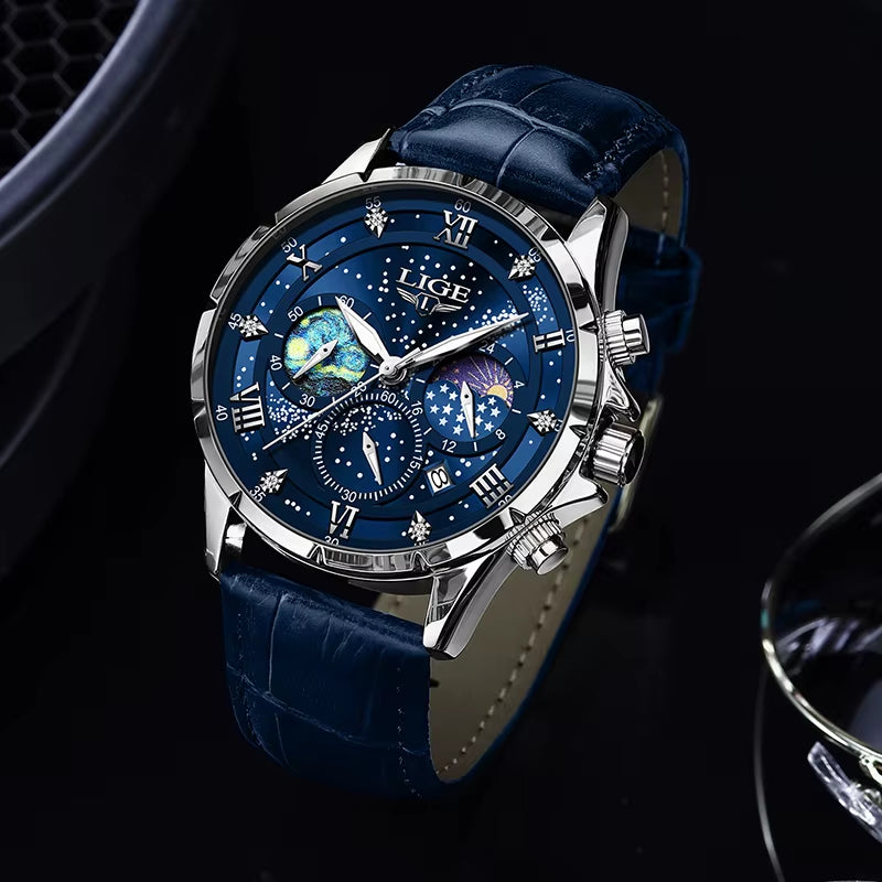 New  Mens Watch Luxury Moon Phase Waterproof Date Clock Casual Blue Leather Quartz Wristwatches Men Chronograph Reloj Hombre